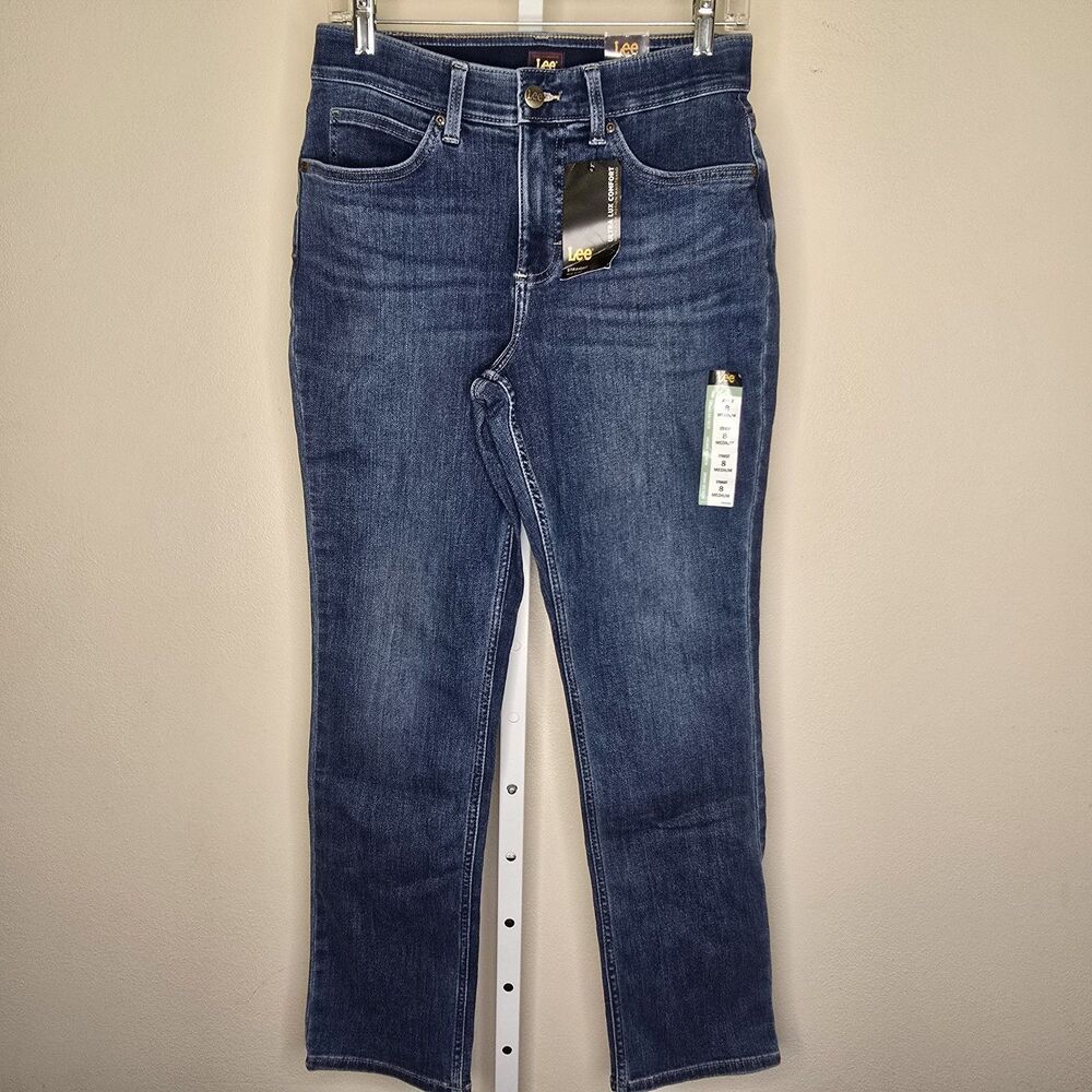 Lee Ultra Lux Comfort Women's 8 Med Straight Mid-Rise Cobalt Sheen Denim Jeans